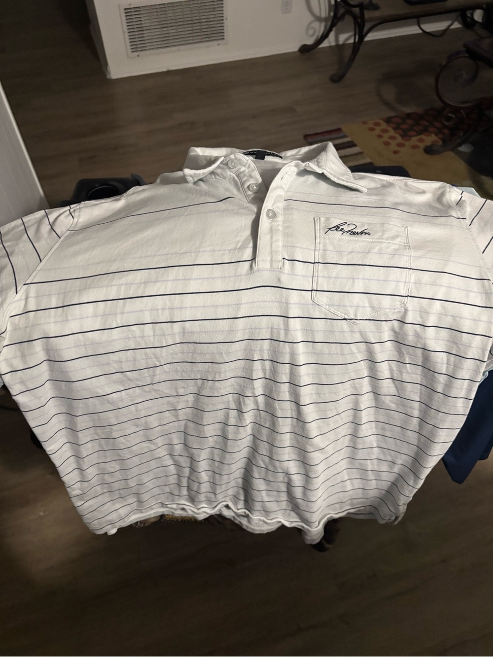 Super Mex Golf White Polo with Thin Navy Stripe